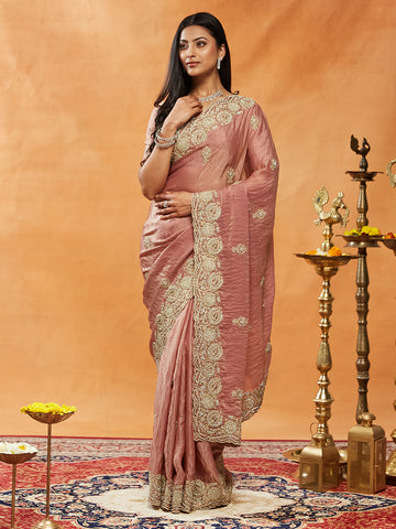 KASEE Women Silk Saree with Antique Gold Embroidery