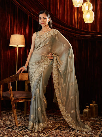 KASEE Women Silk Saree with Antique Gold Embroidery