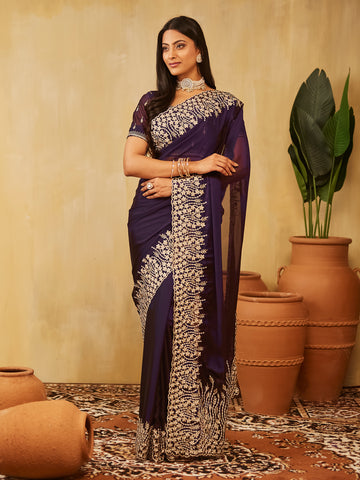 KASEE Women Silk Blend Saree with Heavy Floral Embroidery