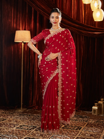 KASEE Women Silk Saree with Pearl Embroidered Scalloped Border