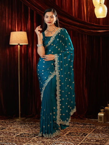 KASEE Women Silk Saree with Pearl Embroidered Scalloped Border
