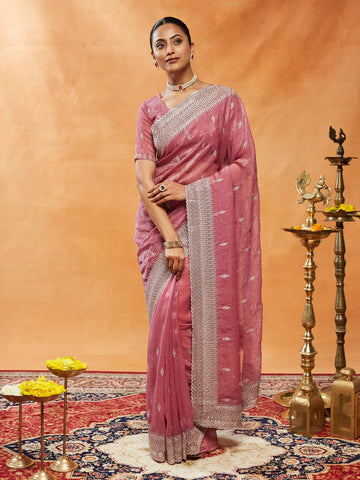 KASEE Women Pink Chiffon Saree with Silver Zari Embroidery