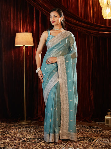 KASEE Women Teal Blue Chiffon Saree with Silver Zari Embroidery