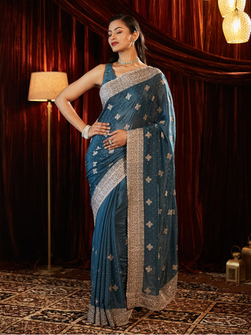 KASEE Women Chiffon Saree with Silver Zari Embroidery & Scalloped Border