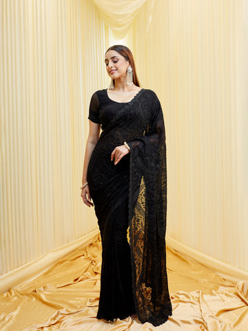 KASEE Women Georgette Saree with All-Over Paisley Embroidery & Bead Detailing