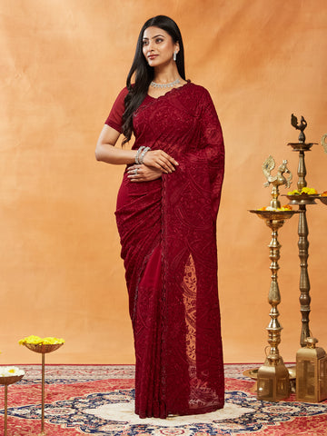 KASEE Women Georgette Saree with All-Over Paisley Embroidery & Bead Detailing