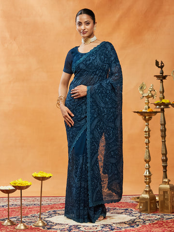 KASEE Women Georgette Saree with All-Over Paisley Embroidery & Bead Detailing