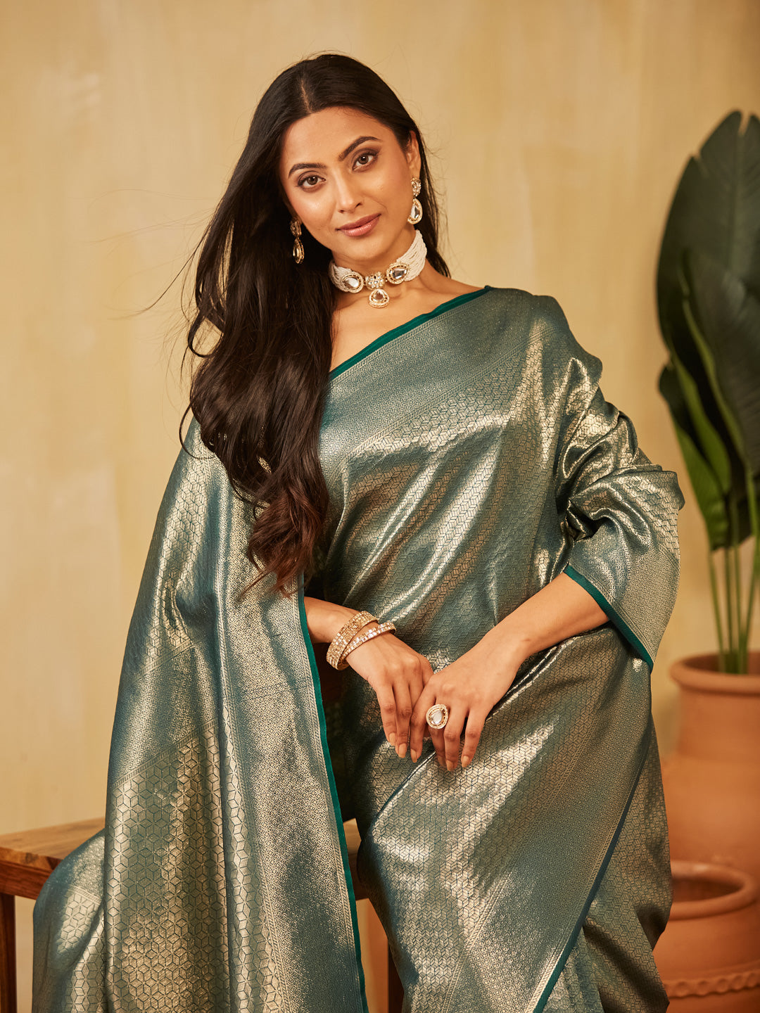KASEE Women Green Banarasi Silk Saree with Gold Zari Weaving