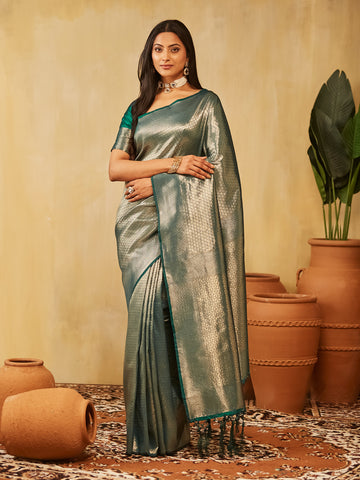 KASEE Women Green Banarasi Silk Saree with Gold Zari Weaving