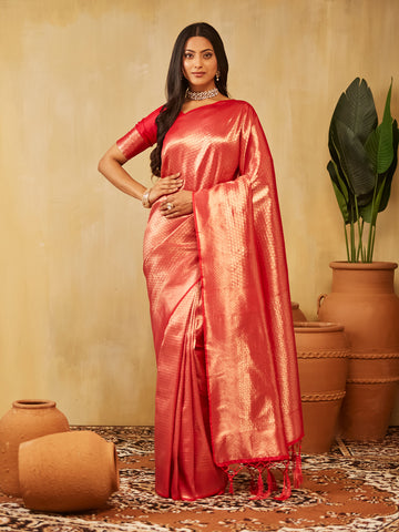 KASEE Women Red Banarasi Silk Saree with Gold Zari Weaving