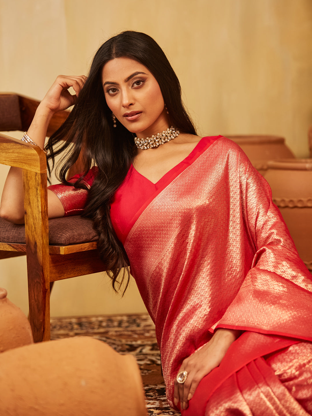 KASEE Women Red Banarasi Silk Saree with Gold Zari Weaving