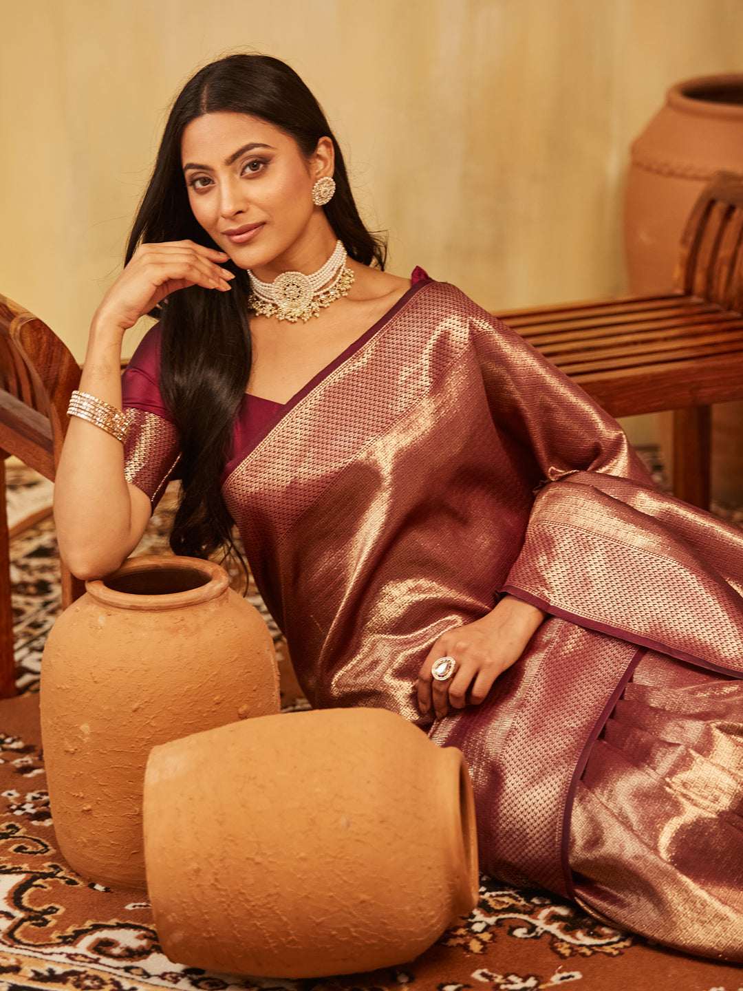 KASEE Women Banarasi Silk Saree with Silver Zari Geometric Weave