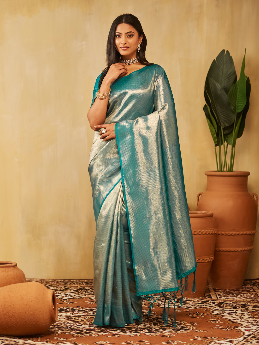 KASEE Women Banarasi Silk Saree with Silver Zari Geometric Weave