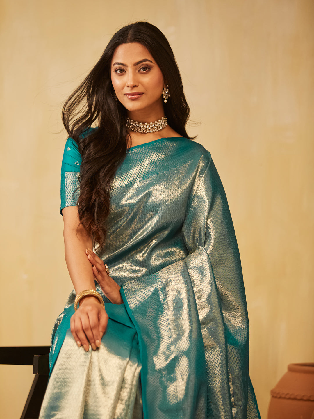 KASEE Women Banarasi Silk Saree with Silver Zari Geometric Weave