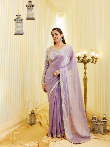 KASEE Women's Lavender Silk Blend Embroidered Ready To Wear Saree