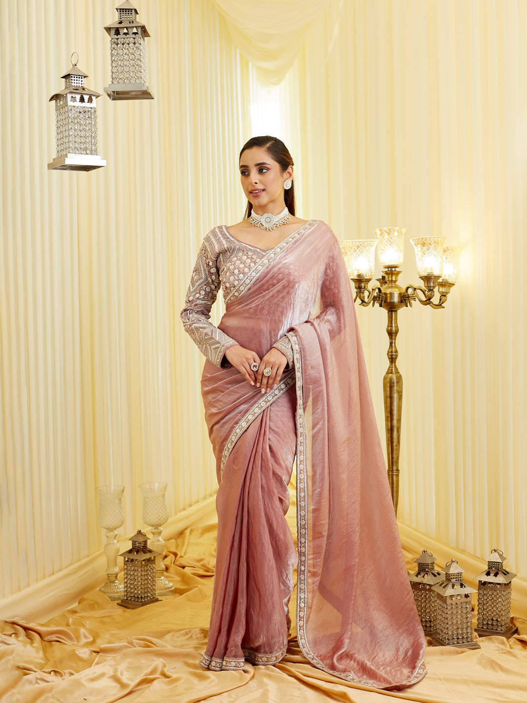 KASEE Women's Rust Silk Blend Embroidered Ready To Wear Saree