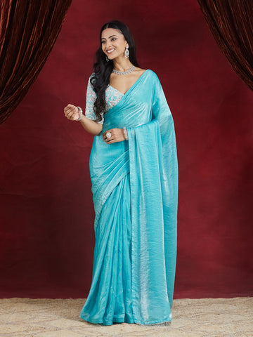 KASEE Women's Turquoise Silk Ready To Wear Saree with Beaded Tassel Border