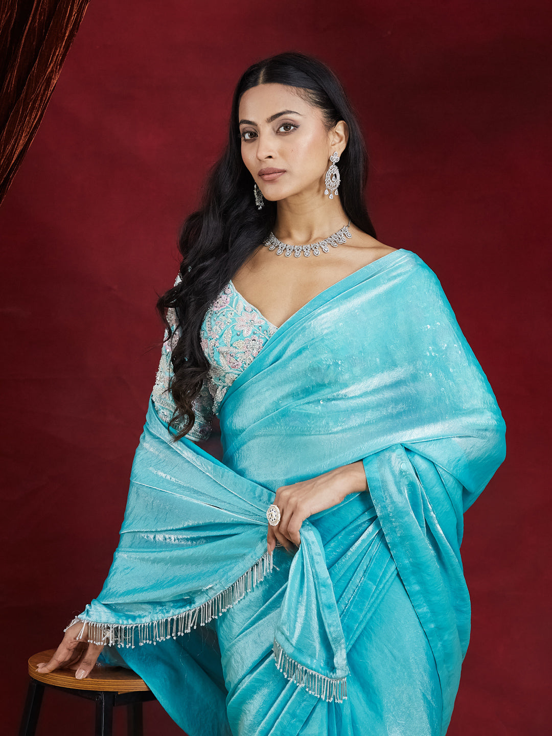 KASEE Women's Turquoise Silk Ready To Wear Saree with Beaded Tassel Border