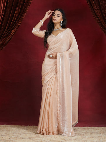 KASEE Women's Cream Silk Ready To Wear Saree with Tassel Detailing