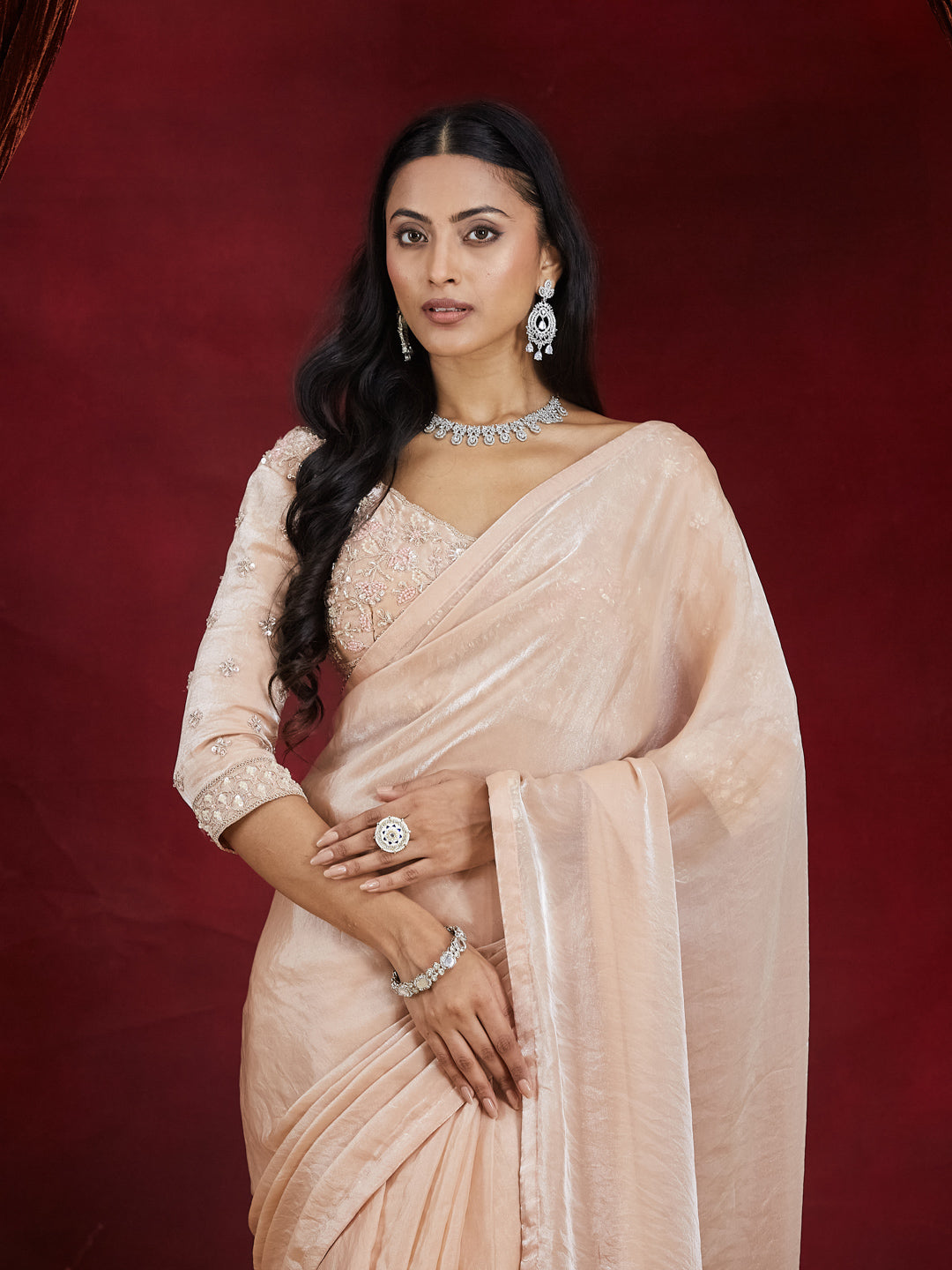 KASEE Women's Cream Silk Ready To Wear Saree with Tassel Detailing