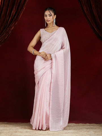 KASEE Women's Pink Silk Ready To Wear Saree with Tassel Detailing