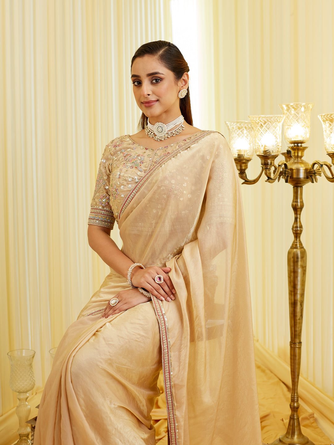 KASEE Women's Brown Solid slik Embroidred Ready to Wear Saree