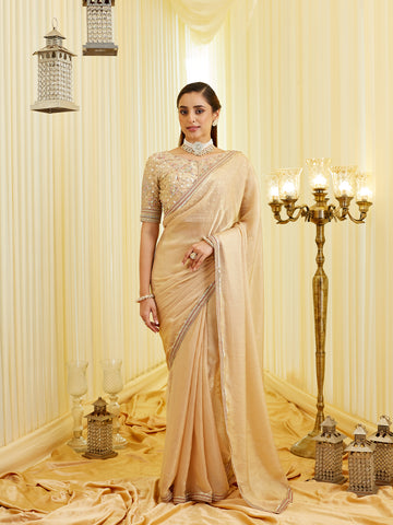 KASEE Women's Brown Solid slik Embroidred Ready to Wear Saree