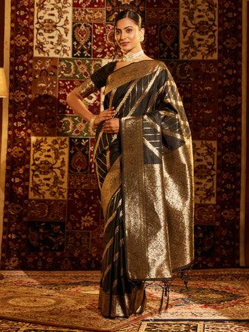 KASEE Women Banarasi Silk Saree with Striped Gold Zari Weave