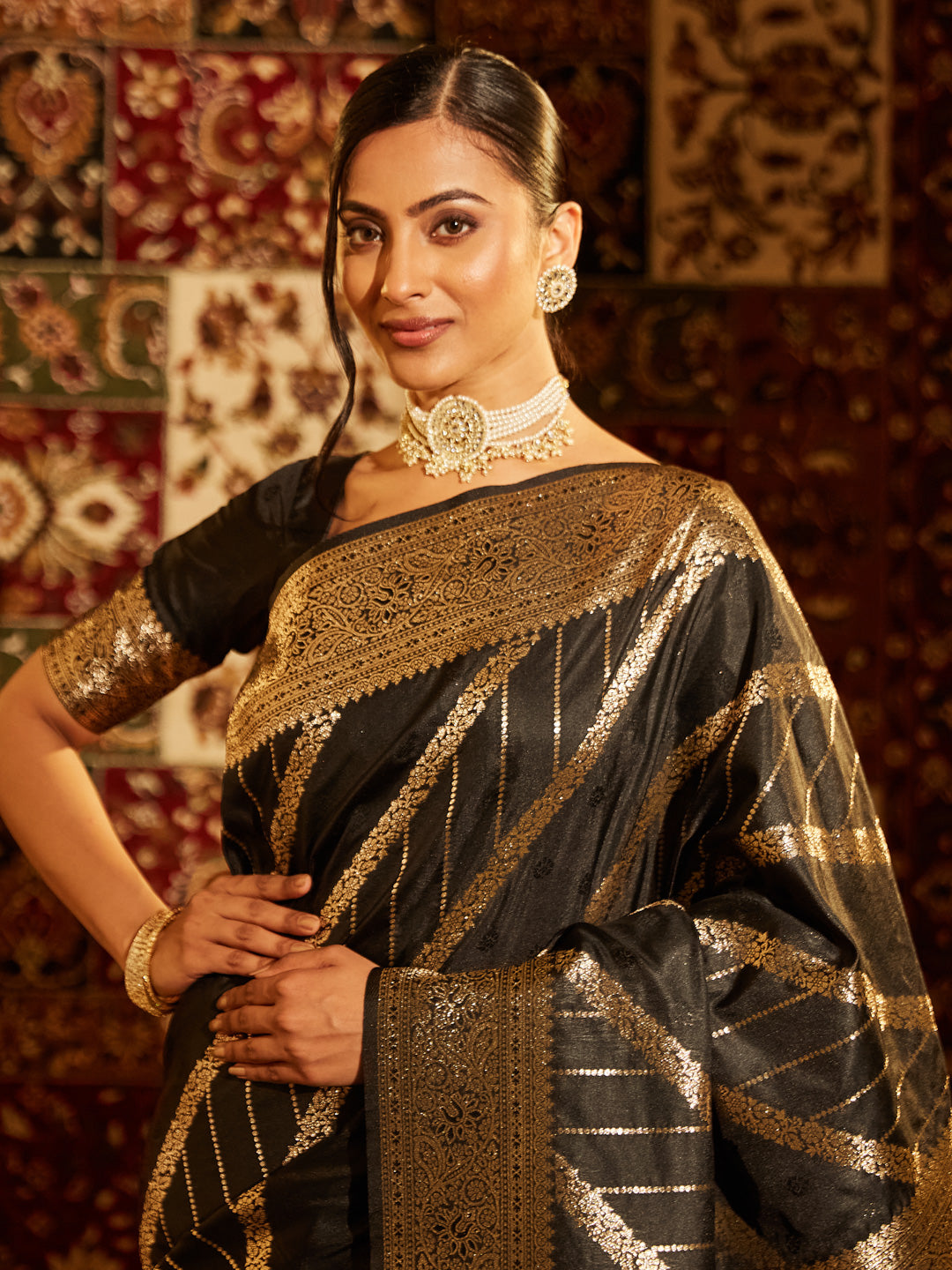 KASEE Women Banarasi Silk Saree with Striped Gold Zari Weave