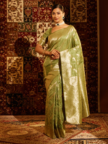 KASEE Women Banarasi Silk Saree with Striped Gold Zari Weave