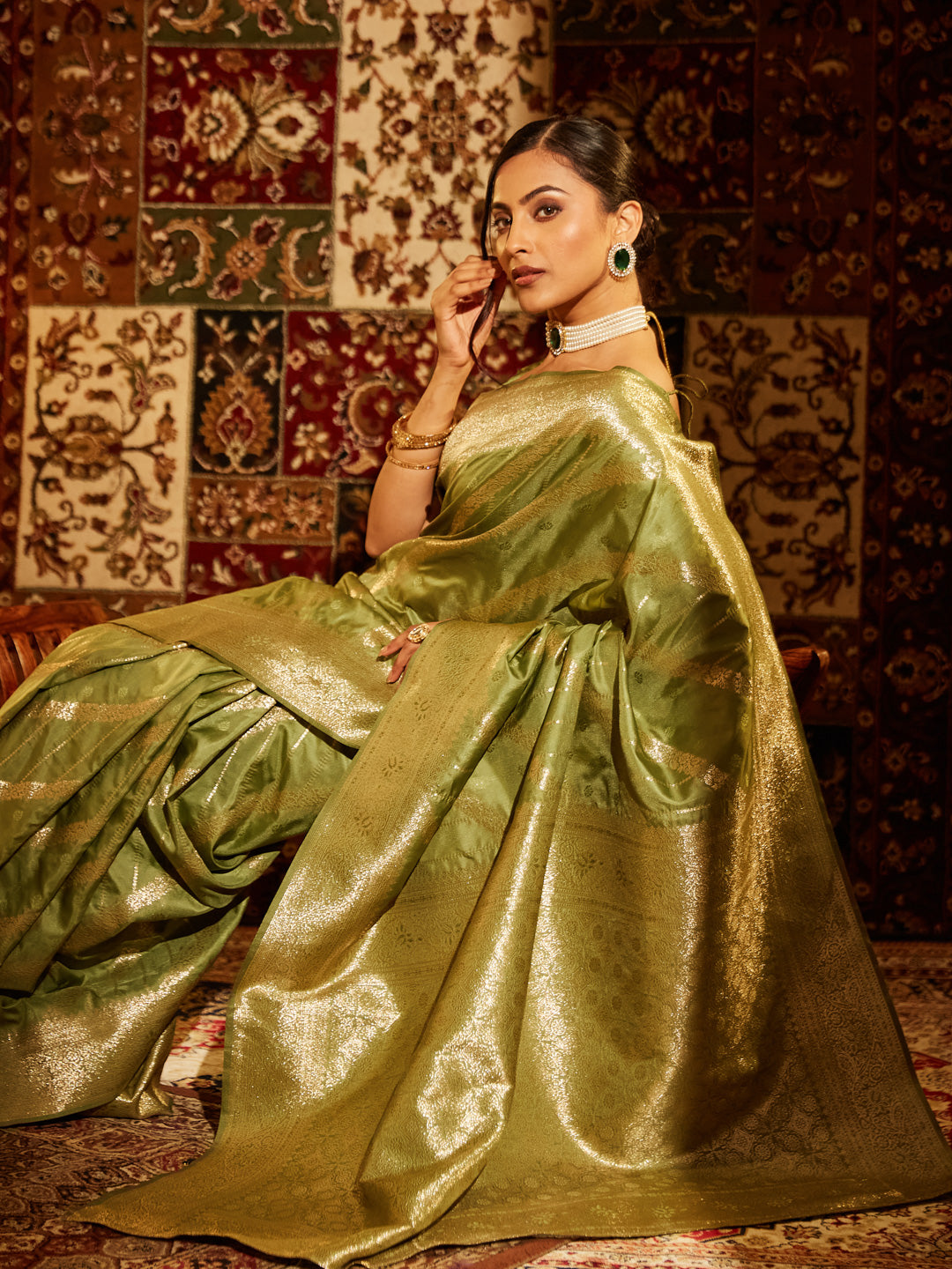 KASEE Women Banarasi Silk Saree with Striped Gold Zari Weave