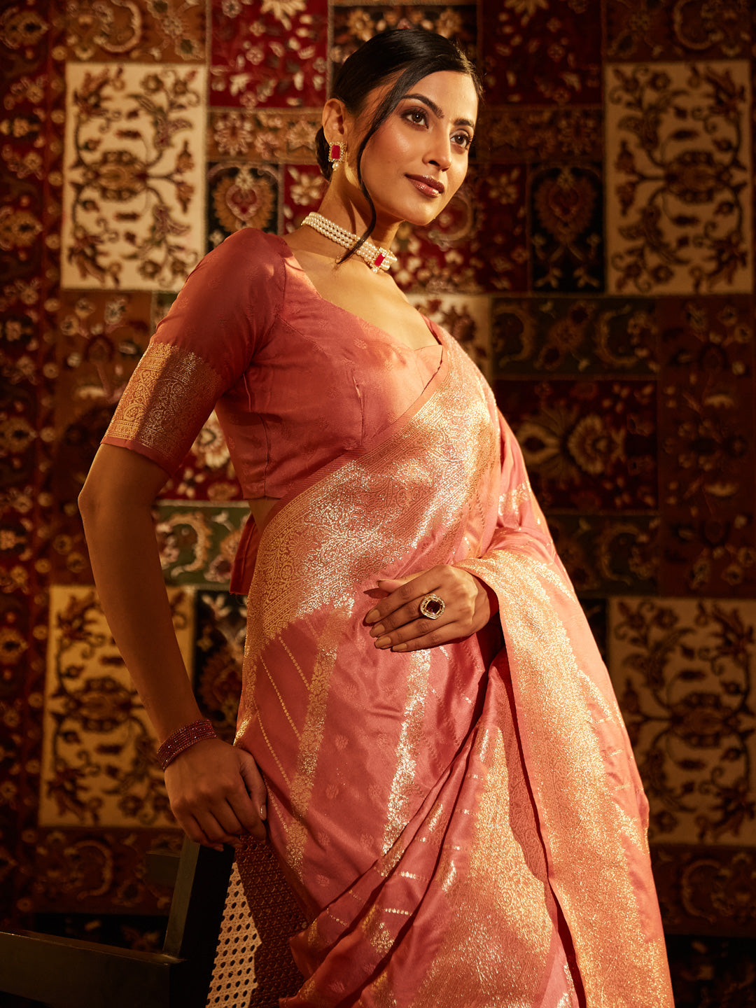KASEE Women Banarasi Silk Saree with Striped Gold Zari Weave