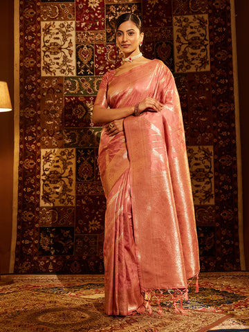 KASEE Women Banarasi Silk Saree with Striped Gold Zari Weave