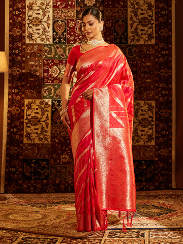 KASEE Women Banarasi Silk Saree with Striped Gold Zari Weave