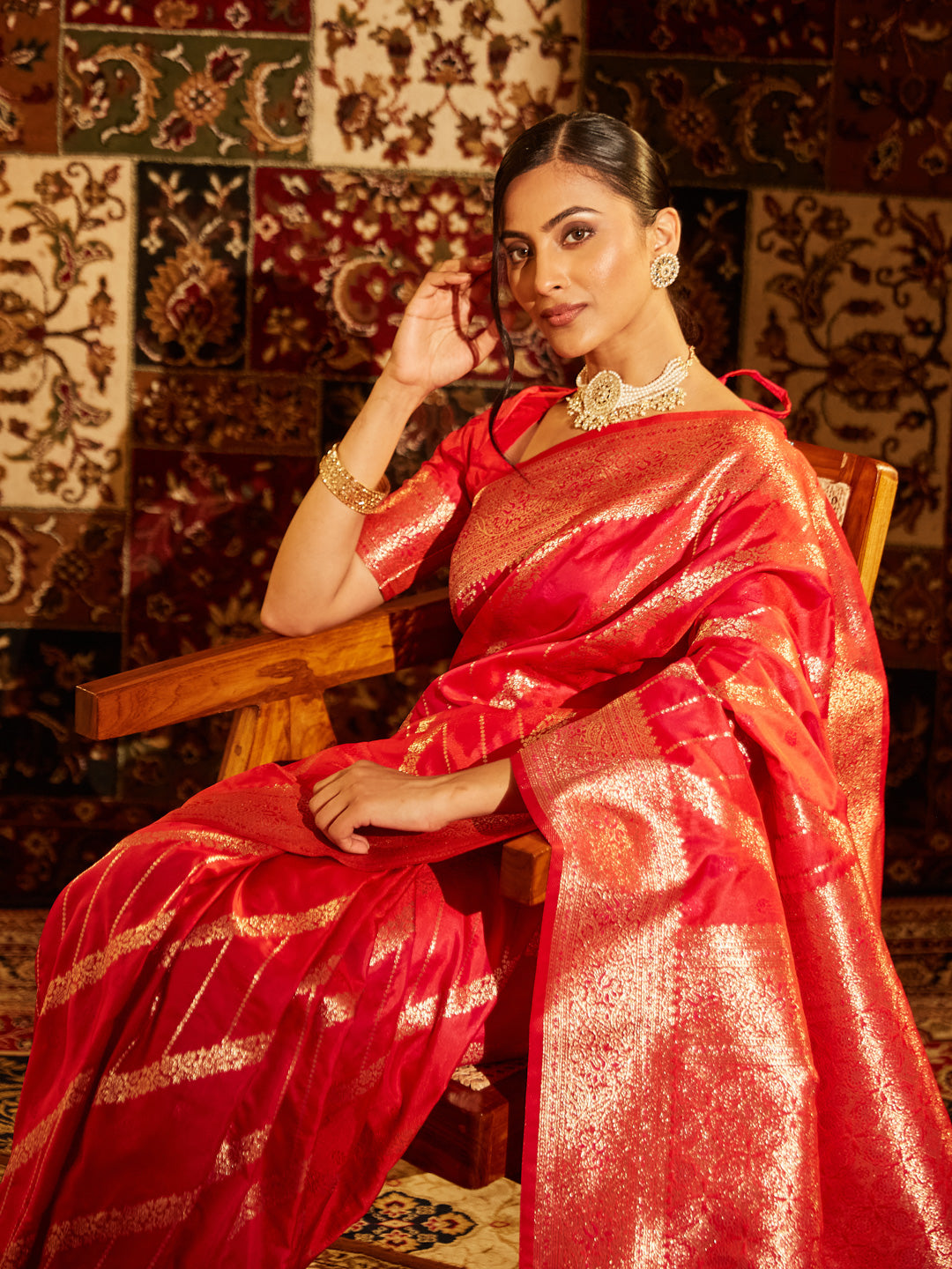 KASEE Women Banarasi Silk Saree with Striped Gold Zari Weave