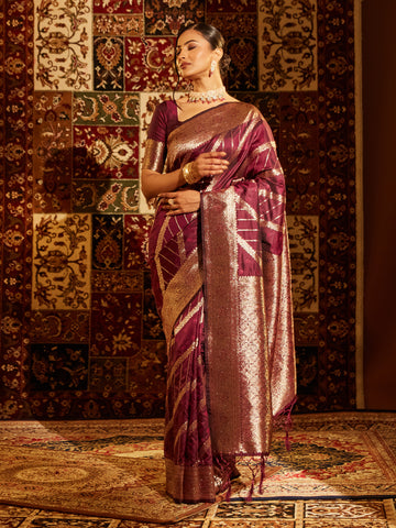 KASEE Women Banarasi Silk Saree with Striped Gold Zari Weave