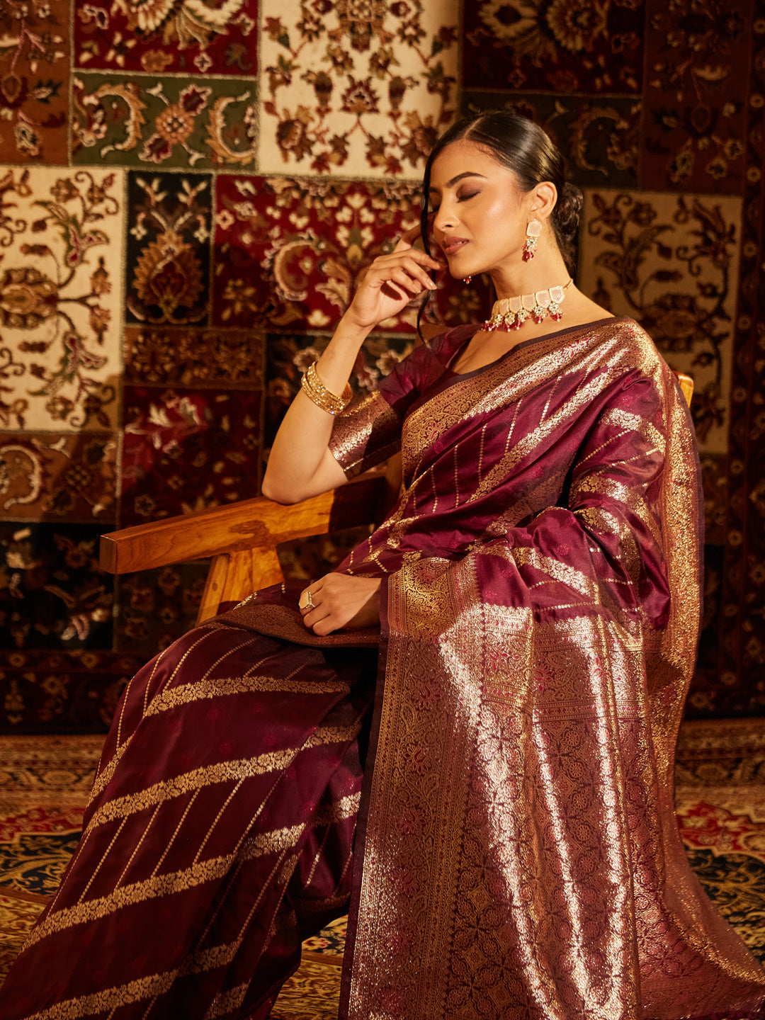 KASEE Women Banarasi Silk Saree with Striped Gold Zari Weave