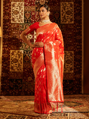 KASEE Women Banarasi Silk Saree with Gold Zari Buta Work