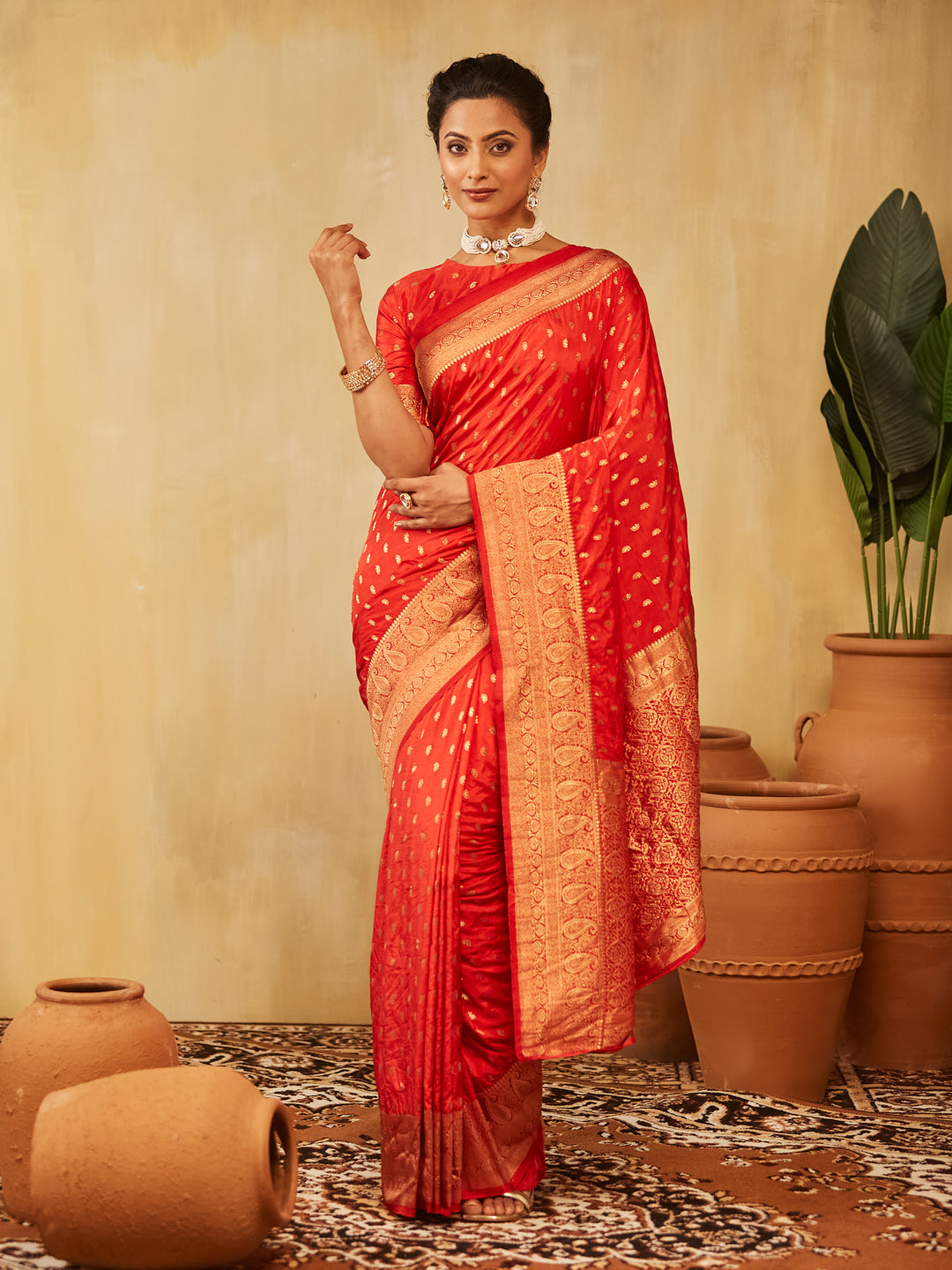 KASEE Women Classic Banarasi Silk Saree with Gold Zari Booti and Broad Woven Border
