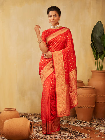 KASEE Women Classic Banarasi Silk Saree with Gold Zari Booti and Broad Woven Border