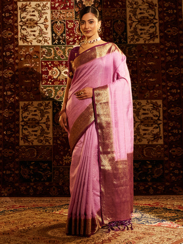 KASEE Women Banarasi Silk Saree with Contrast Wine Zari Border and Pallu
