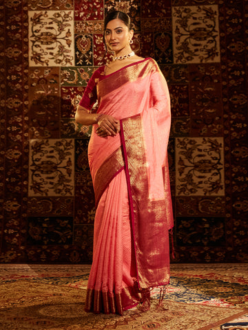KASEE Women Banarasi Silk Saree with Contrast Wine Zari Border and Pallu
