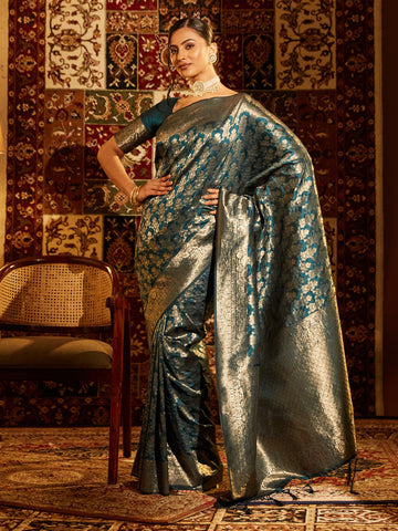 KASEE Women Banarasi Silk Saree with All-Over Silver-Gold Zari Floral Brocade