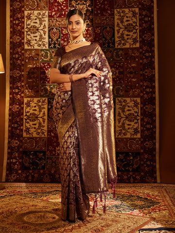 KASEE Women Banarasi Silk Saree with All-Over Silver-Gold Zari Floral Brocade