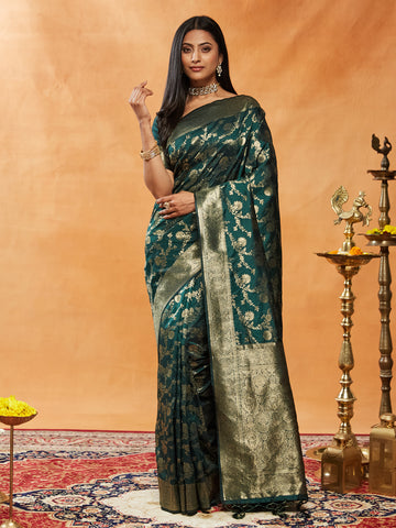 KASEE Women Banarasi Silk Saree with Gold Zari Floral Brocade and Grand Pallu