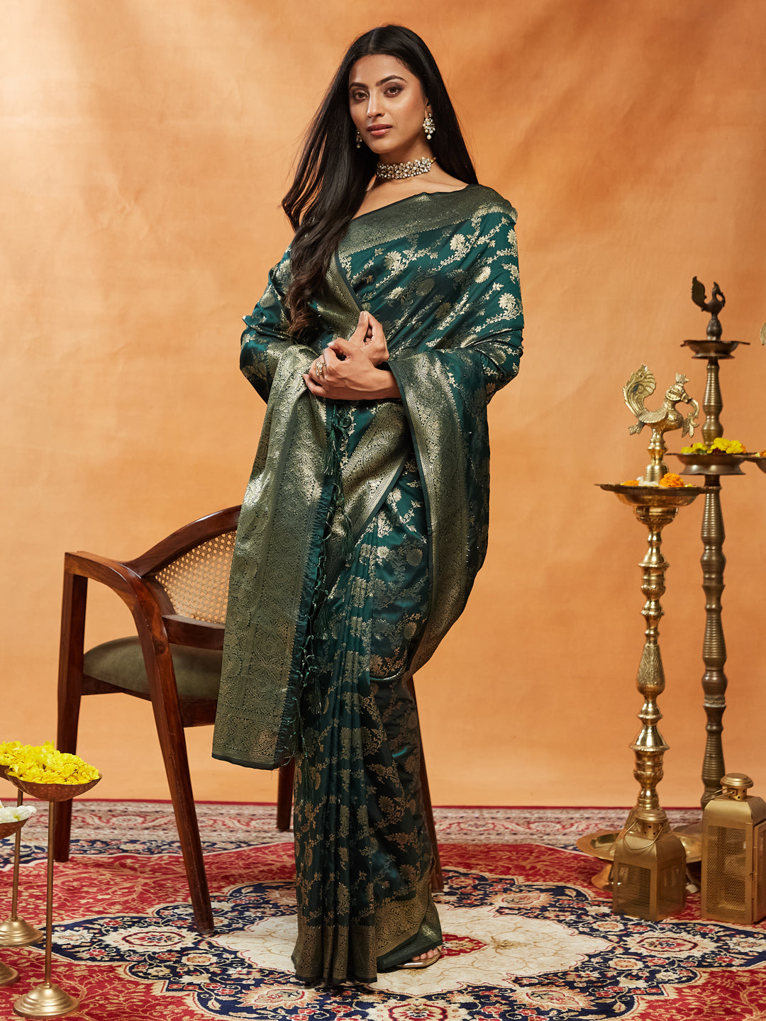 KASEE Women Banarasi Silk Saree with Gold Zari Floral Brocade and Grand Pallu