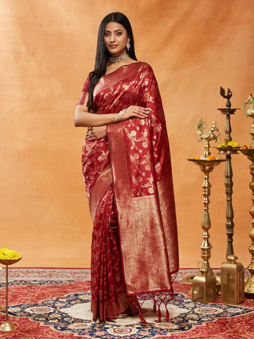 KASEE Women Banarasi Silk Saree with Gold Zari Floral Brocade and Grand Pallu