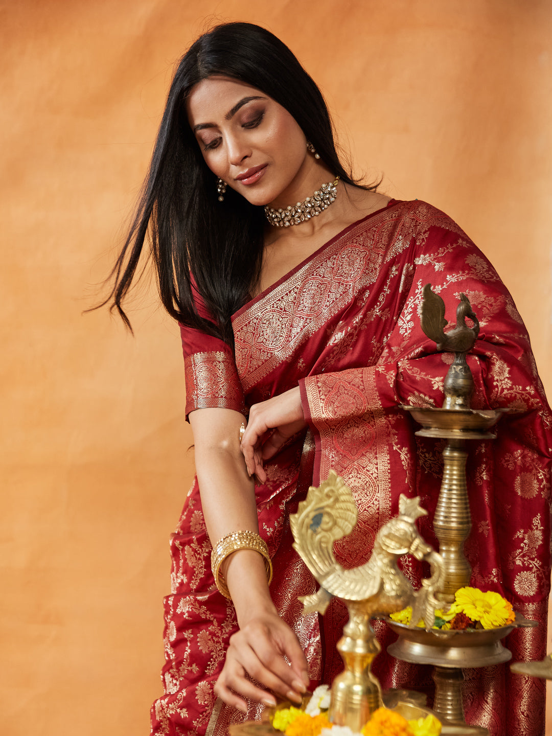 KASEE Women Banarasi Silk Saree with Gold Zari Floral Brocade and Grand Pallu