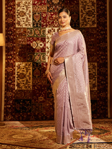 KASEE Women Banarasi Silk Saree with Silver Zari Booti and Intricate Pallu