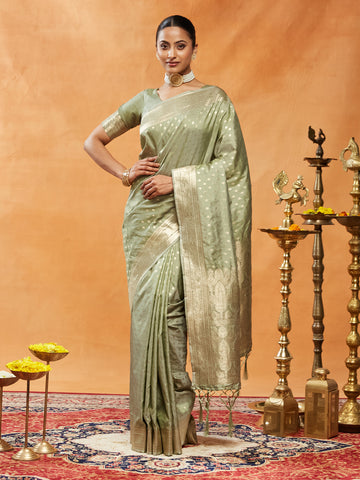 KASEE Women Banarasi Silk Saree with Silver Zari Booti and Intricate Pallu